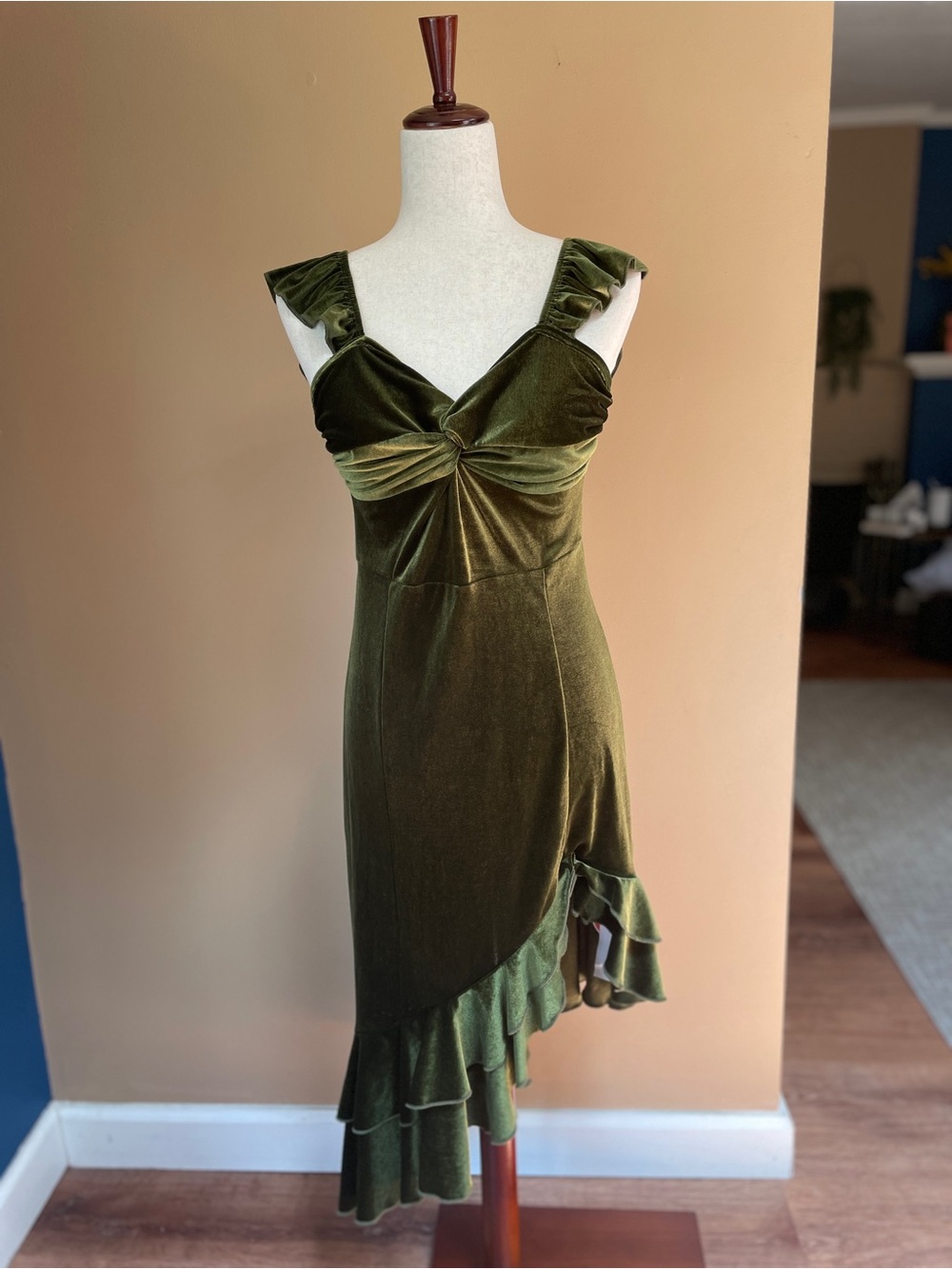 Cider Womens Asymmetric Velvet‎ Midi Dress NEW Medium Green Fairy Whimsical #